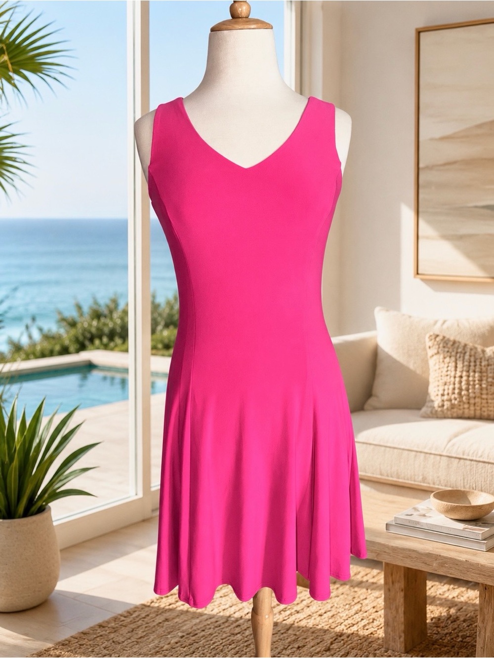 Joseph Ribkoff Hot Pink Fit & Flare V-Neck Dress Size 8